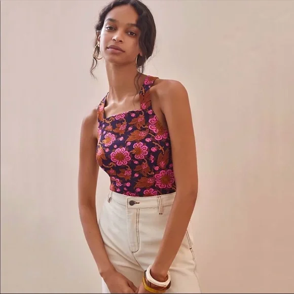 Anthropologie | Porridge Seamed Cross Back Tank Top Pink Navy Bohemian New Small - Picture 10 of 14